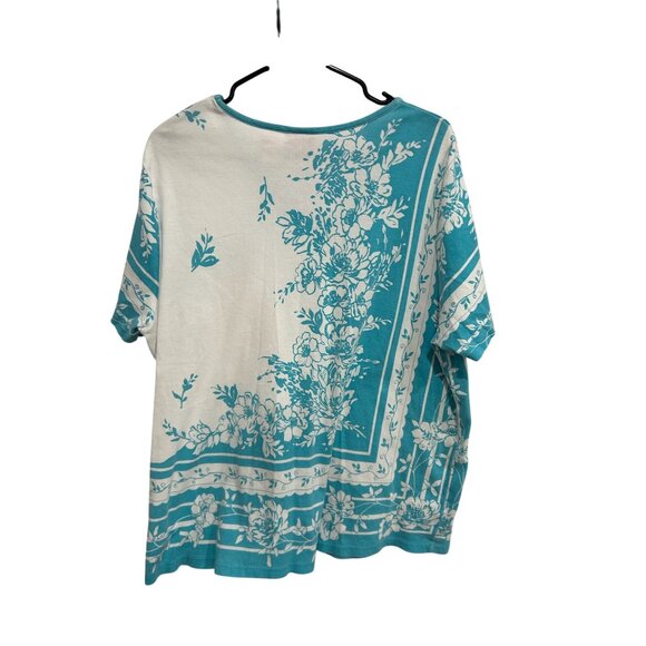 Pappagallo Floral V Neck Short Sleeve Top Cotton White Turquoise Sz 1X - Picture 2 of 9